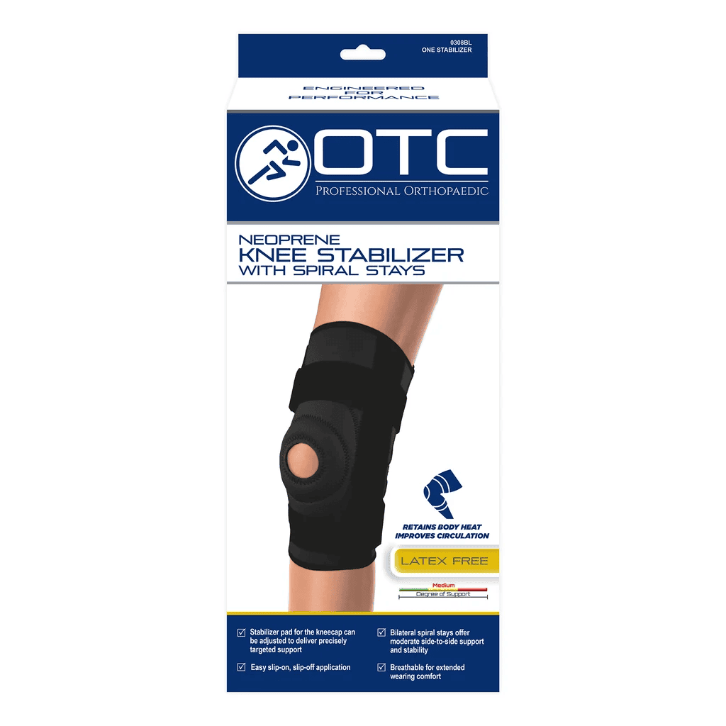 OTC neoprene knee stabilizer with spiral stays for mobility support.