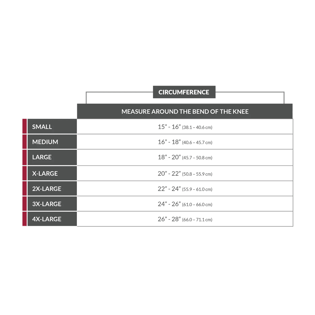 Sizing chart for OTC Neoprene Knee Stabilizer 0308 for mobility and home care support.