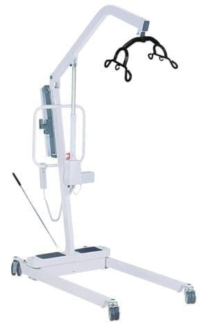 Hydraulic patient lift with sling, metal frame, wheels; ideal for home mobility support.