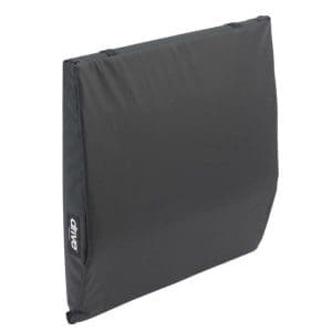 Black wheelchair seat cushion, smooth surface, for mobility support and comfort in home care.