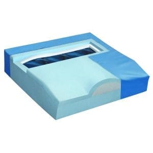Blue medical seat cushion cross-section with gel layers for pressure relief in mobility support.