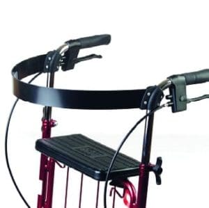 Red walker with HumanCare back strap and safety belt for enhanced mobility support and home care.