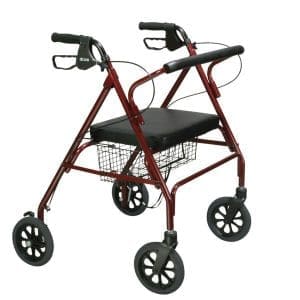 Red four-wheel mobility walker with padded seat, black handles, for home care and support.