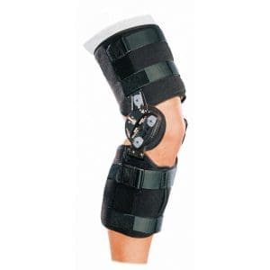 DonJoy Hinged Knee Brace 11-0295-2, black, for mobility support and injury rehabilitation.