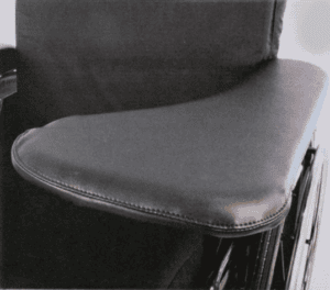 Nighthawk wheelchair padded armrest, smooth upholstery, compatible with lap trays; mobility support.