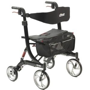 Drive Nitro HD Rollator 10266HD-BK, black four-wheel walker for mobility support, cushioned seat.