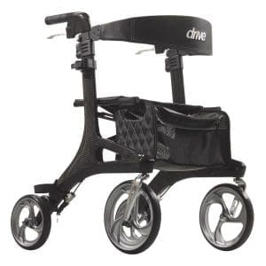 Drive Nitro Elite CF Carbon Fiber Rollator—lightweight, four-wheel walker for mobility support and home care.