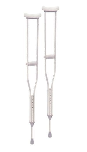 Adjustable metal crutches with padded tops and rubber tips for mobility support and home care.