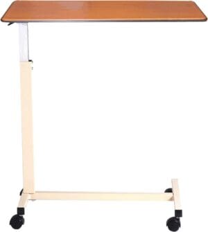 Drive Overbed Table 16011: adjustable wooden surface, caster wheels; ideal for home care or hospitals.