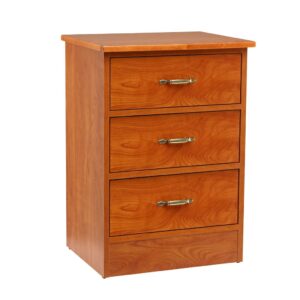 Driver bedside cabinet, three drawers, for home care storage; accessible design for mobility support.