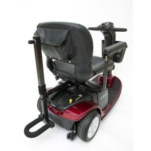 Red mobility scooter with armrests and Quad Cane Holder for enhanced mobility support.