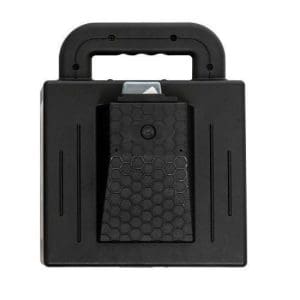 Black carrying case with sturdy handle for safely transporting Pride mobility scooter batteries.