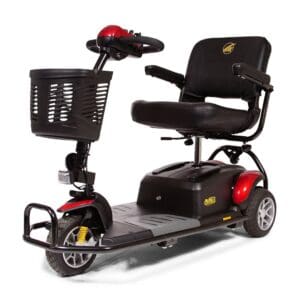Buzzaround EX three-wheel mobility scooter with cushioned seat, for mobility support and home care.