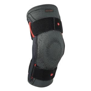 Adjustable knee brace with red accents for mobility support and joint stabilization.