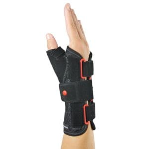 DonJoy RespiForm+ Wrist-Thumb Brace, black with red accents, for mobility support and targeted wrist-thumb relief.