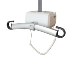 HumanCare Altair Ceiling Lift: white motor, curved bar, for safe patient transfers in healthcare.