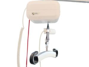 HumanCare HeliQ ceiling lift with curved handle for home mobility and patient transfers.