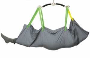 HumanCare Positioning Sling: gray fabric lift sling with color-coded straps for home care mobility support.