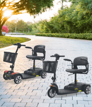 Golden BuzzAround LT 4-Wheel Mobility Scooters with baskets for outdoor mobility support.