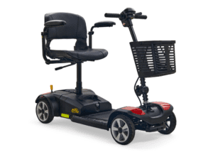 Golden BuzzAround XLSHD 4-wheel mobility scooter with suspension, padded seat for personal mobility support.