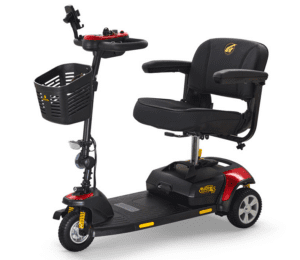 Three-wheel mobility scooter, black and red, with seat; ideal for mobility support and home care.