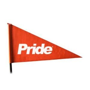 Mobility scooter safety flag, red triangle with "Pride" lettering, increases visibility for user safety.
