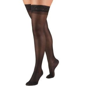 Truform 8-15 mmHg thigh high compression stockings with lace top for mobility support.