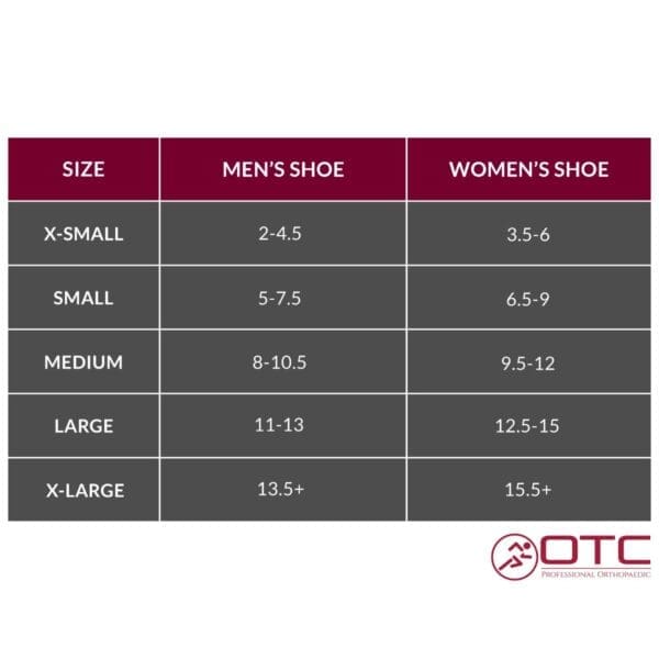 OTC Walker Boot Tall/Air size chart, menโs/womenโs, home mobility support fit guide.