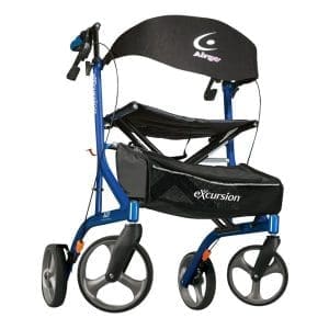 Airgo Excursion blue rollator walker with cushioned seat, storage, and brakes for mobility support.