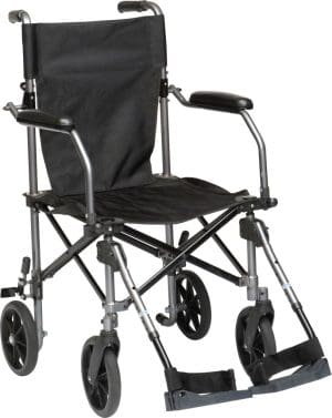 Lightweight black foldable transport wheelchair for mobility support; large rear wheels for home care.