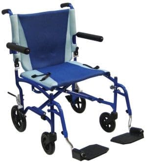 Lightweight transport wheelchair, foldable footrests, for easy mobility and home care support.