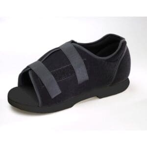 Black OTC Soft Top Post-Op Shoe with Velcro straps for foot injury recovery support.