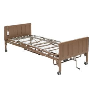 Drive Semi-Electric Bed 15004P with wheels, rails, remote; ideal for home care mobility support.