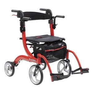 Drive Nitro Duet Rollator and Transport Chair, red, four wheels, adjustable handles; mobility support.