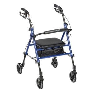 Four-wheeled rollator walker, padded seat, hand brakes; mobility support for home care.