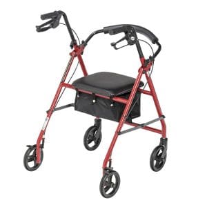 Red four-wheel rollator walker with padded seat, storage pouch, for home care mobility support.
