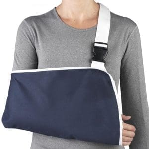 OTC Cradle Arm Sling 2460 with navy pouch; medical support for right arm, home care use.