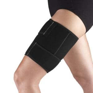 OTC Compression Thigh Wrap 2477, black, with velcro straps for home mobility support.