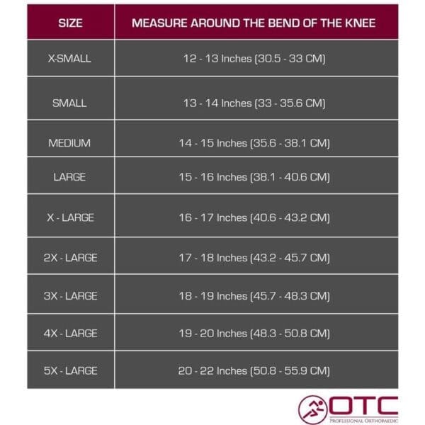 OTC OA Orthotex Knee Stabilizer Wrap sizing chart for mobility support and home care.