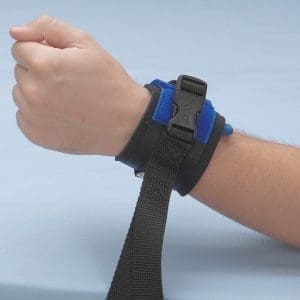 Posey Twice-as-Tough Wrist Cuffs with quick-release straps for secure patient restraint in home care.
