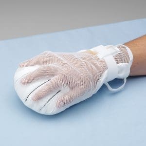 Posey Finger Control Mitts Closed End 2816 with wrist strap for patient safety in home care.
