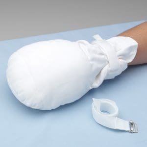 Posey Double-Security Mitt, double-padded restraint for home care patient safety, shown secured on arm.