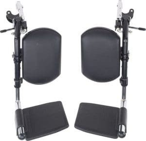 Wheelchair leg rests with padded calf supports and footplates for mobility and home care use.