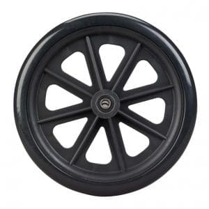 8" Drive wheelchair caster with black plastic body, solid rubber edge; ideal for mobility support.