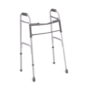 Medline folding walker with 3" wheels, sturdy support bars; ideal for home mobility assistance.