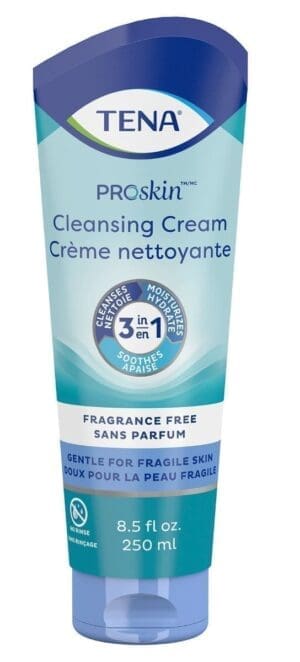 TENA ProSkin Cleansing Cream tube, 8.5 fl oz, fragrance free for gentle home care.