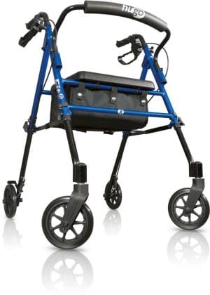 Four-wheel mobility walker with hand brakes and padded seat for home medical support.