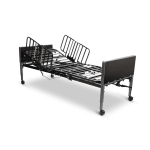 HumanCare 3 Function Electric Home Care Bed with metal rails, adjustable elevation, for mobility support.