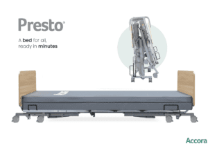 Presto Profiling Bed by Accora with wooden boards, adjustable for home care and mobility support.