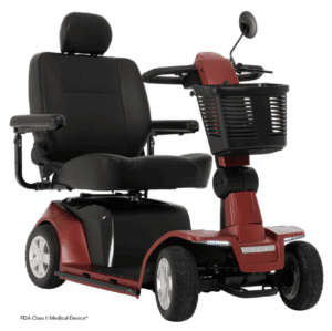 Red Pride Maxima 4-wheel mobility scooter with seat and basket for home support.